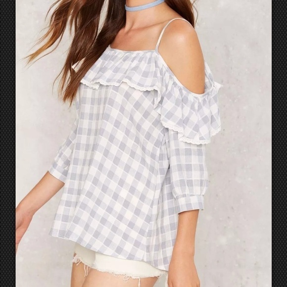 Nasty Gal GoingGingham Cold Shoulder Top One Size - Picture 2 of 5